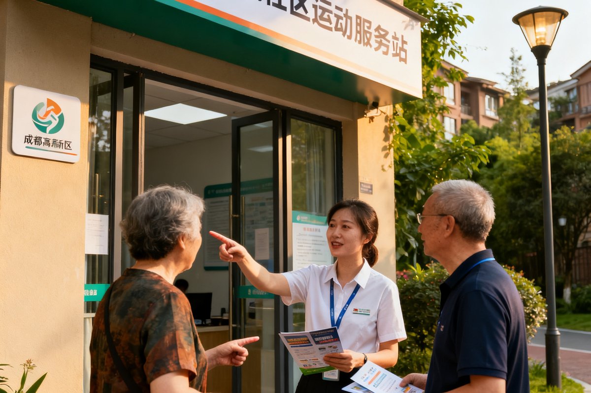 bwin·必赢在成都高新区新开设的社区运动服务站，门口有居民正在咨询