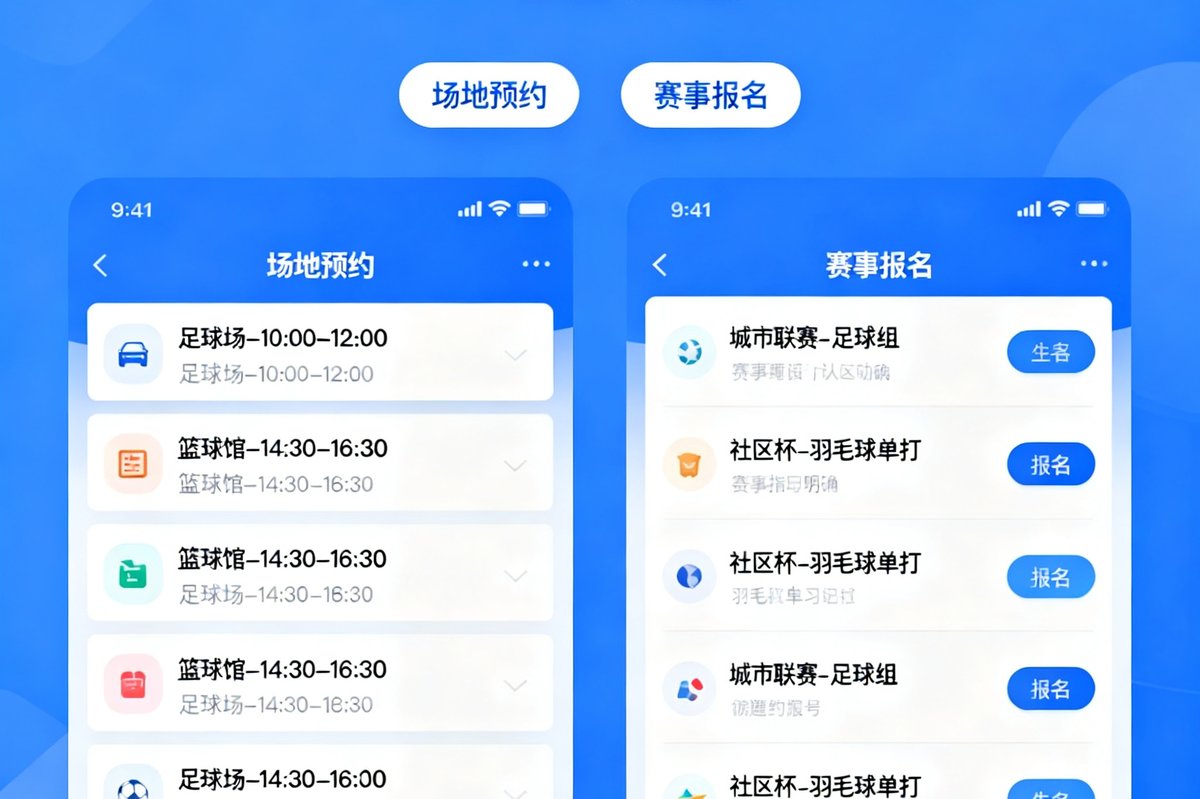 bwin·必赢小程序4.0版本界面截图，展示了全新设计的场地预约和赛事报名功能