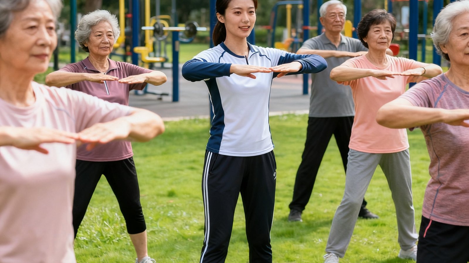 社会体育指导员在社区公园指导中老年居民进行科学拉伸和热身训练