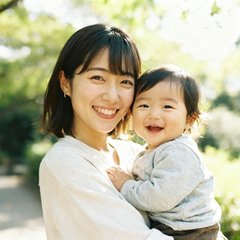 一位年轻妈妈抱着孩子在户外开心微笑的半身肖像照