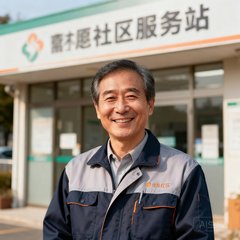 一位穿着社区工作服的中年男士在社区服务站前微笑的半身肖像照